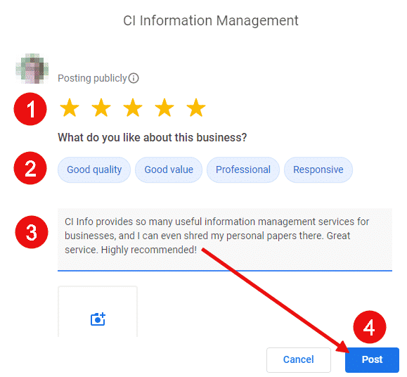 Google review window on desktop with star rating and text box