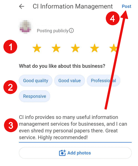 Google review window on mobile with star rating and text box