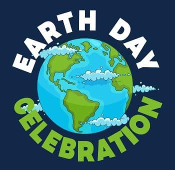 Illustration of the earth in blue and green with puffy white clouds and the words Earth Day in white and the word Celebration in green
