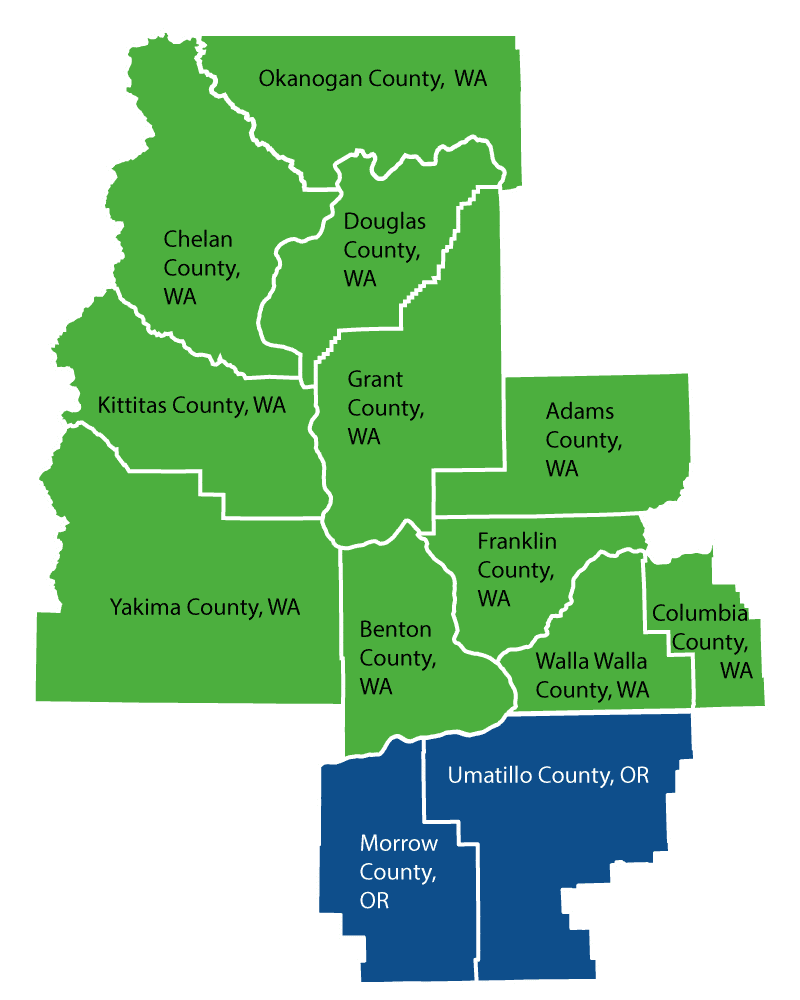 Service Area Map for CI Information Management. The Counties in Washington that CI serves shown in green and the counties in Oregon are shown in blue.