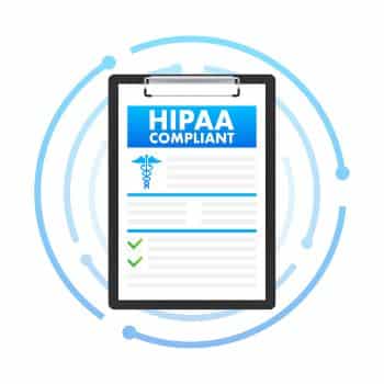 Illustration of a document reading "HIPAA Compliant" on a black clipboard with a circular graphic in the background.